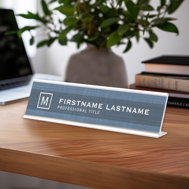 Manly Linen Look with Name Title Monogram - Blue Desk Name Plate (Professional Name Plate with Linen Background)