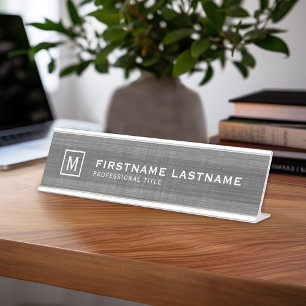Manly Linen Look with Name Title Monogram Desk Name Plate