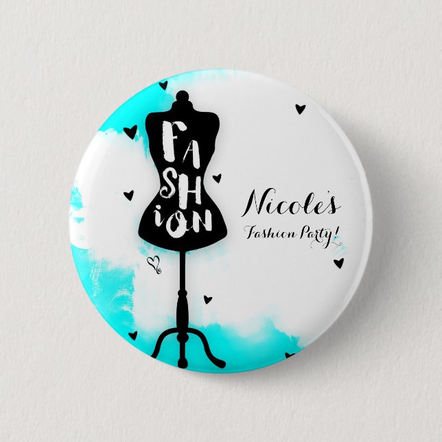 Mannequin Stand FASHION Aqua & White with Hearts 2 Inch Round Button (Front)