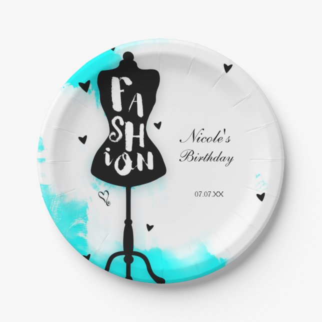 Mannequin Stand FASHION Aqua & White with Hearts Paper Plate (Front)