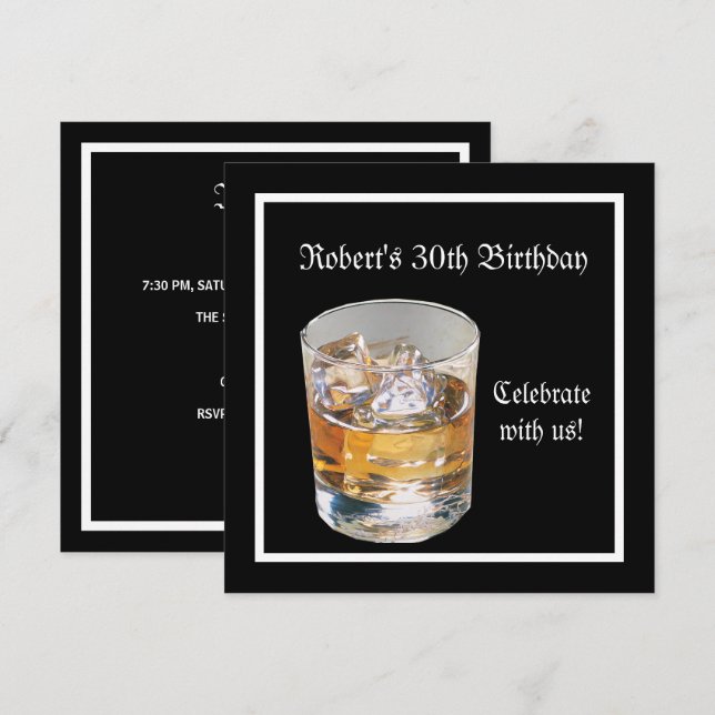 Mans 30th Birthday Party Black Silver Drinks Invitation (Front/Back)