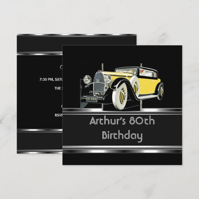 Mans 80th Birthday Party Black Vintage Car Invitation (Front/Back)