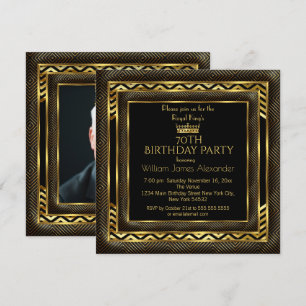 Mans Birthday Party Photo Crown Gold Art Deco Invitation