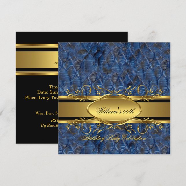Mans Blue Black Gold Birthday Party Men's 2 Invitation (Front/Back)