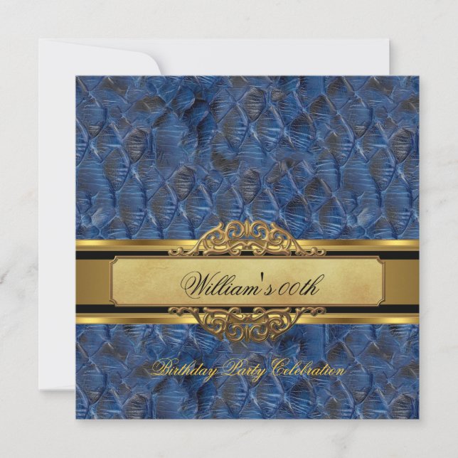 Mans Blue Black Gold Birthday Party Mens Invitation (Front)