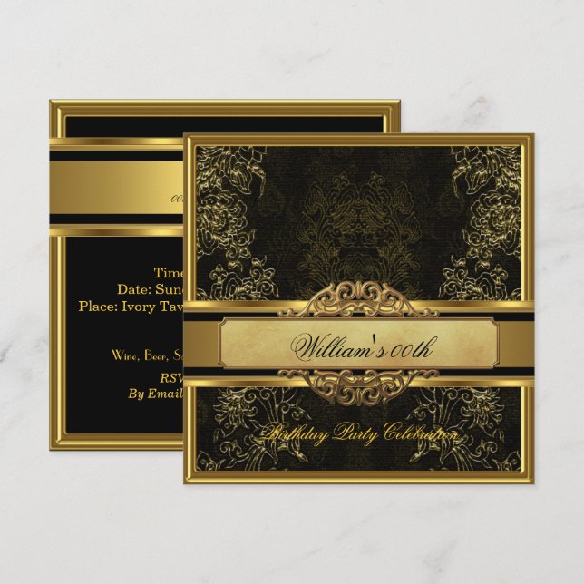 Mans Elegant Black Gold Birthday Party Mens Invitation (Front/Back)