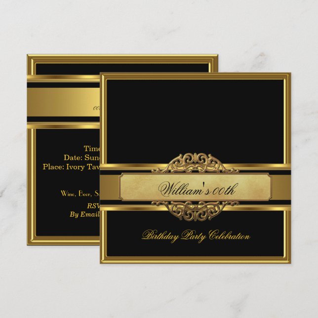 Mans Elegant Black Gold Birthday Party Mens Invitation (Front/Back)