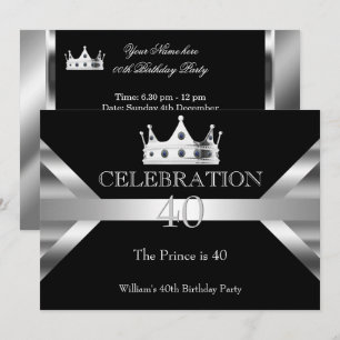 Mans Elegant Black Silver Prince King Birthday Invitation