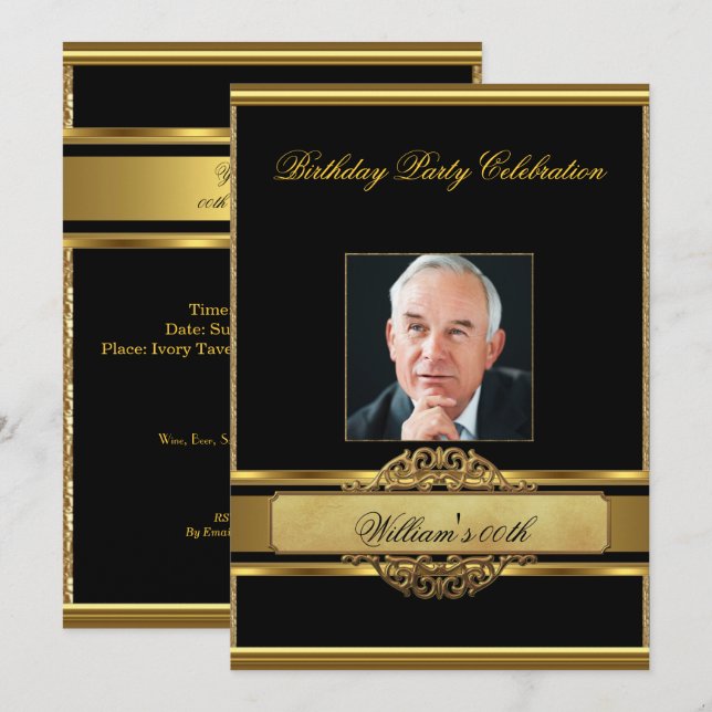 Mans Elegant Gold Birthday Party Mens Photo Invitation (Front/Back)
