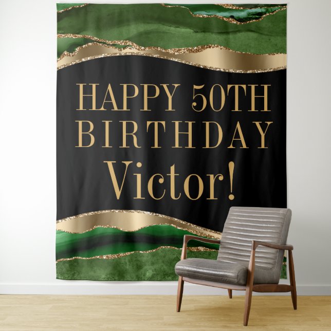 Mans Emerald Green Gold Birthday Party Backdrop Tapestry (In Situ)