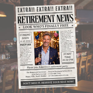 Man's Funny Newspaper Photo Retirement Party Invitation