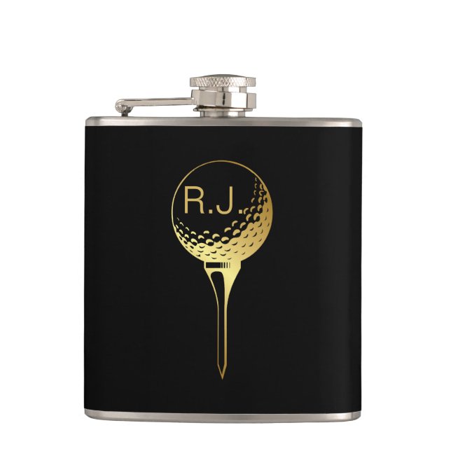 Man's Golf Monogram Black and Gold Flask (Front)