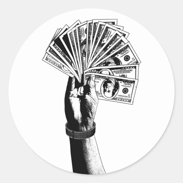 Mans hand Holding 100 dollar Bills money cash art Classic Round Sticker (Front)