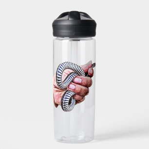 mans hand holding baby snake reptile art water bottle
