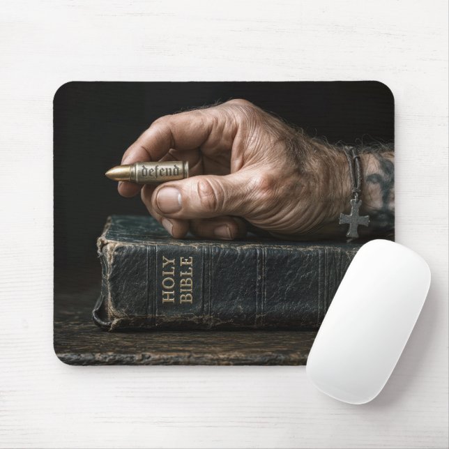 Man's Hand on a Bible Holding a Bullet Mouse Pad (With Mouse)