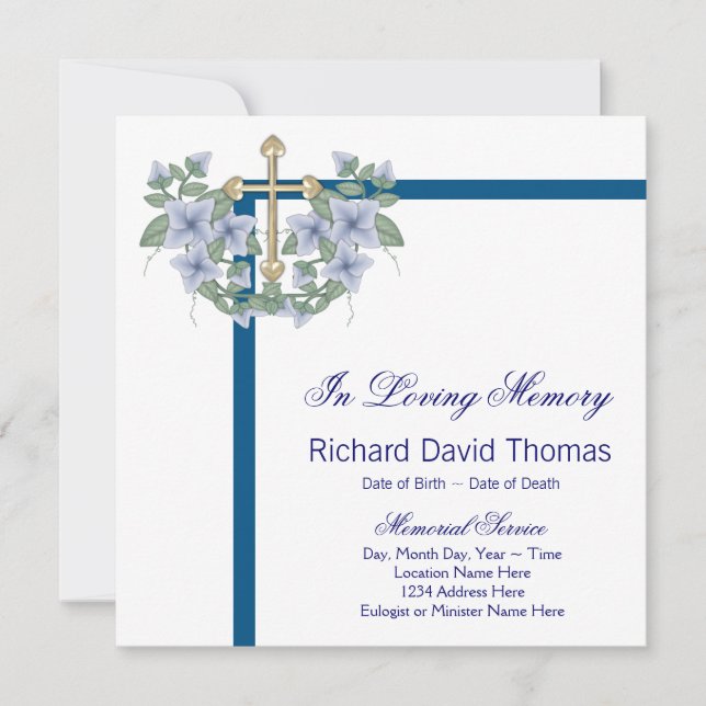 Mans Navy Blue Cross In Loving Memory Memorial Invitation (Front)