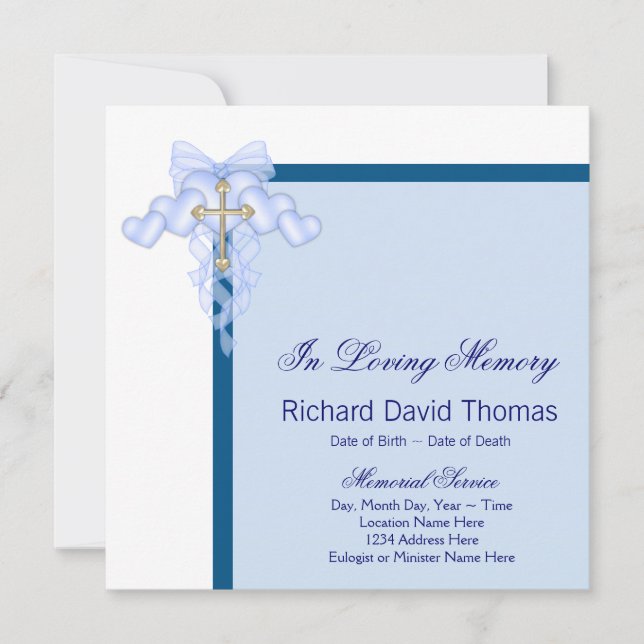Mans Navy Blue Cross In Loving Memory Memorial Invitation (Front)