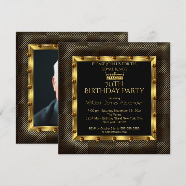 Mans Photo 70th Birthday Party Crown Gold Chevron Invitation (Front/Back)