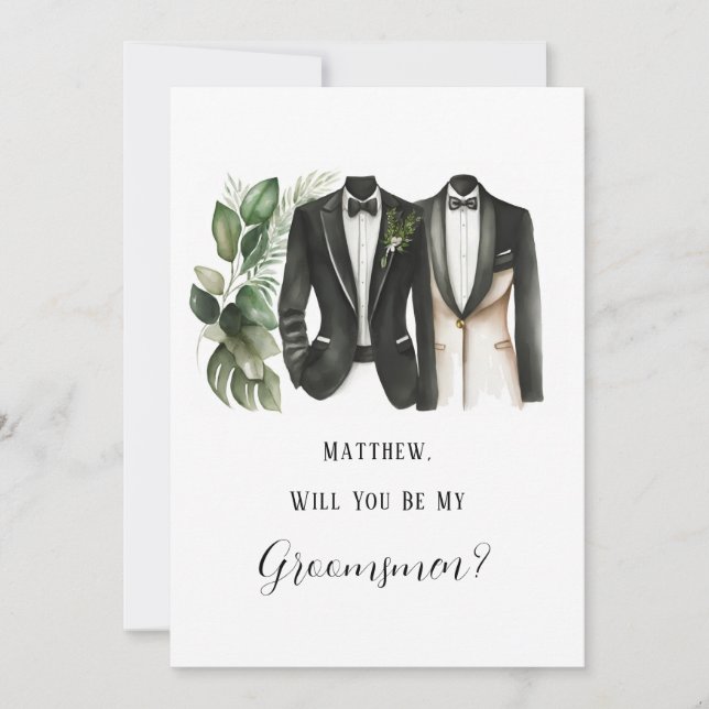 Man's Suit and Floral Will You Be My Groomsmen Invitation (Front)