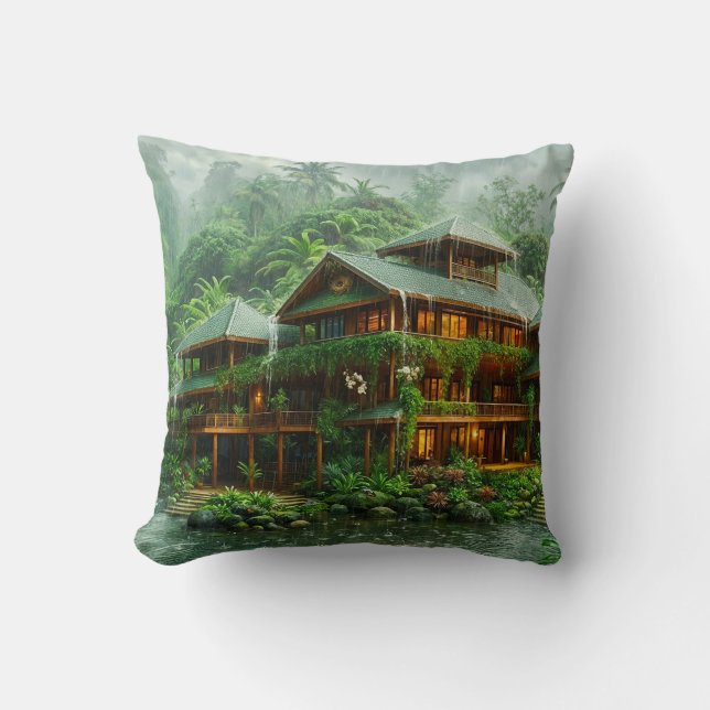 Mansion of the Tropical Rainforest Throw Pillow (Front)