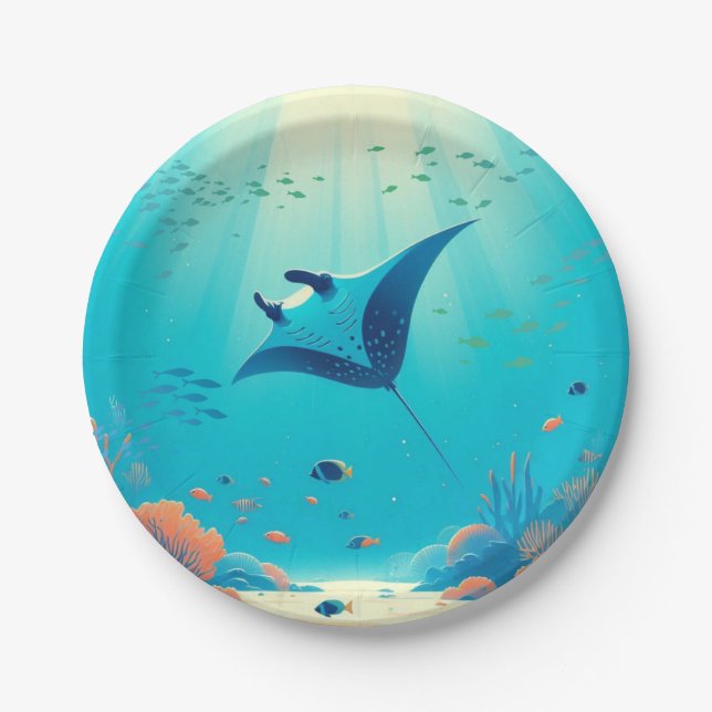 Manta ray coastal art paper plate (Front)