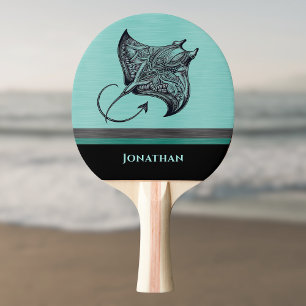 Manta Ray on Teal Faux Brushed Metal Monogrammed Ping Pong Paddle