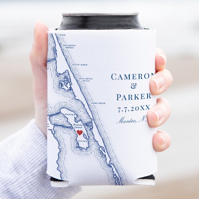 Manteo NC Outer Banks Map Elegant Wedding Favour Can Cooler (Manteo North Carolina Wedding Favor Can Coozie with elegant navy blue Outer Banks OBX map)