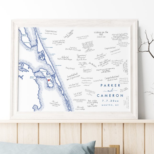 Manteo NC Wedding Map Navy Blue Guest Book Poster (Manteo NC map alternative wedding guest book poster with modern navy blue Outer Banks OBX map)