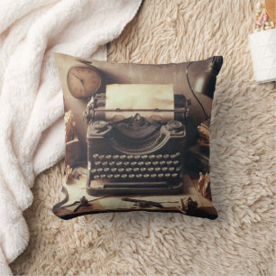 Manual Vintage Antique Typewriter Brown Sepia Throw Pillow