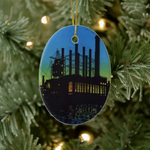Manufacturing Factory at Sunset, Vintage Business Ceramic Ornament