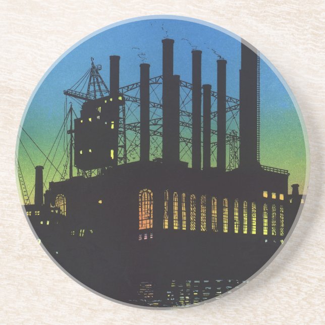 Manufacturing Factory at Sunset, Vintage Business Coaster (Front)