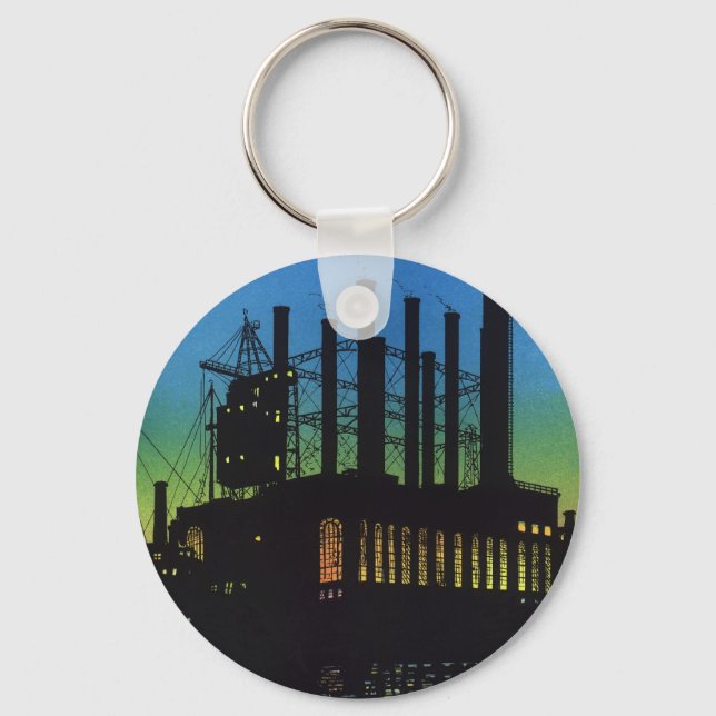 Manufacturing Factory at Sunset, Vintage Business Keychain (Front)