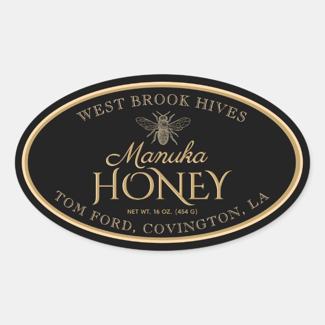 Manuka Honey Black Gold Vintage Bee Oval Label (Front)