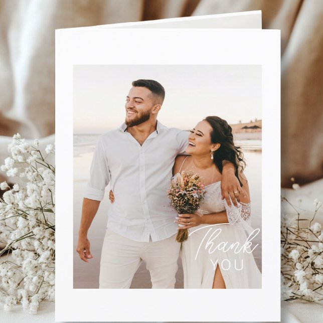 Manuscrit de mariage Merci 3 photos (Modern, Minimal, White, Wedding "Thank You" Card, 3 Photos.)