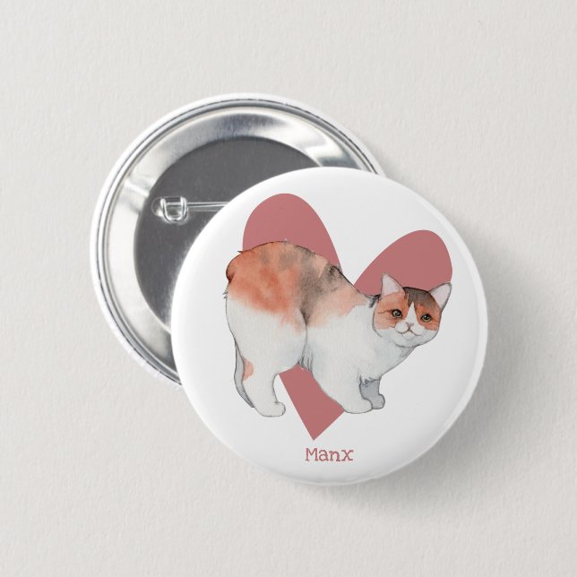 Manx Cat Watercolor Kitty Pink Heart Button (Front & Back)