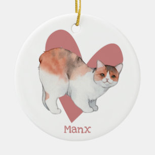 Manx Cat Watercolor Kitty Pink Heart Ceramic Ornament