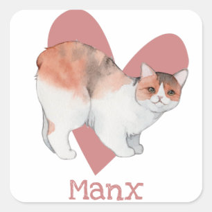 Manx Cat Watercolor Kitty Pink Heart Square Sticker