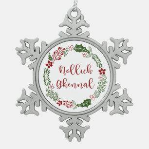 Manx Merry Christmas Wreath, Nollick Ghennal Snowflake Pewter Christmas Ornament