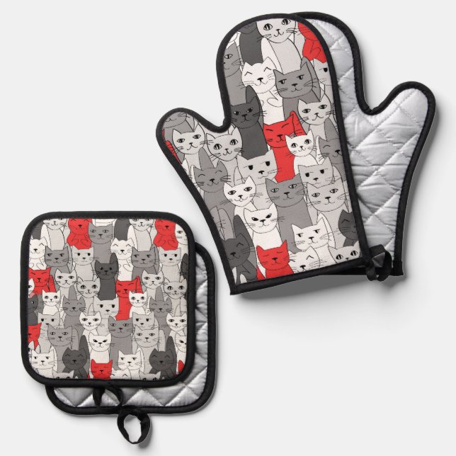 Many Black White Red Cats Design Oven Mitt & Pot Holder Set (Front/Back)