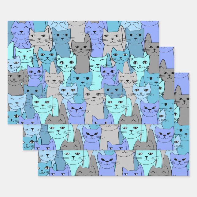 Many Blue Cats Design Wrapping Paper Set (Set)