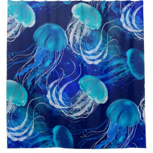 Many blue jellyfishes swimming underwater. Seamles