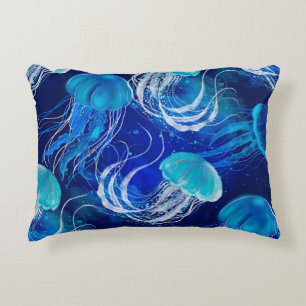 Many blue jellyfishes swimming underwater. Seamles Accent Pillow