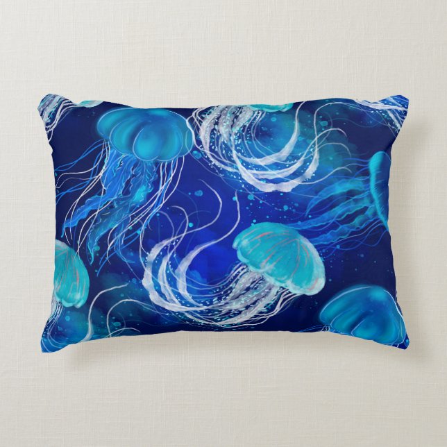 Many blue jellyfishes swimming underwater. Seamles Accent Pillow (Front)