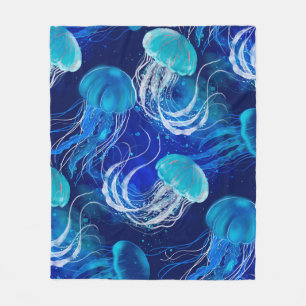 Many blue jellyfishes swimming underwater. Seamles Fleece Blanket