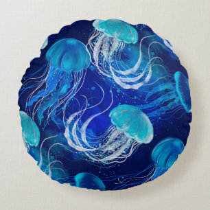 Many blue jellyfishes swimming underwater. Seamles Round Pillow