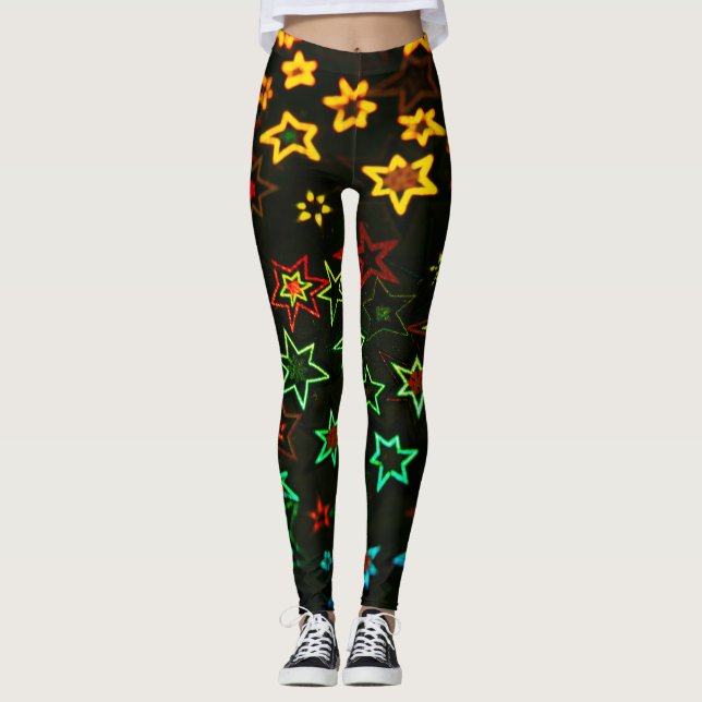 Many Bright Colour Glittering Stars  Leggings (Front)