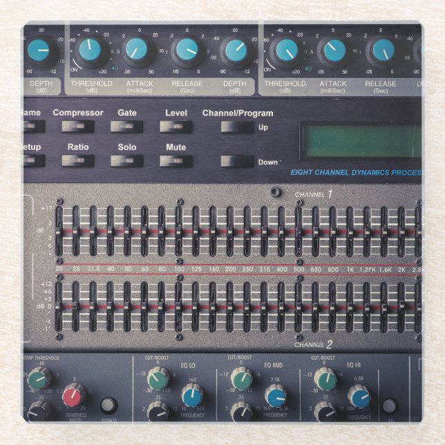 Many Buttons Sound Mixer Studio Glass Coaster (Front)