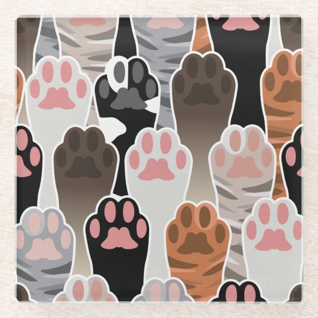 Many Cat Paws Pattern Glass Coaster (Front)