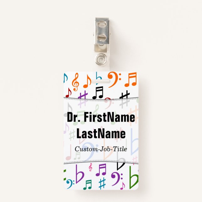 Many Colourful Music Notes and Symbols; Custom Badge (Front with Clip)