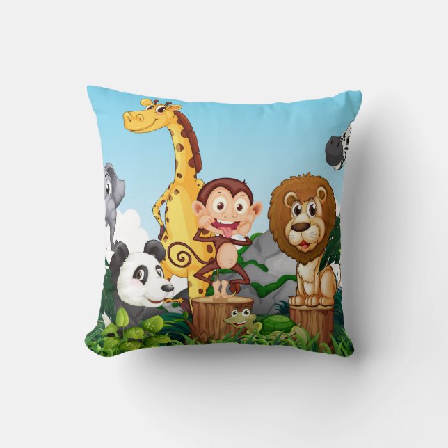 Many Cute Animals in The Forest Throw Pillow (Front)